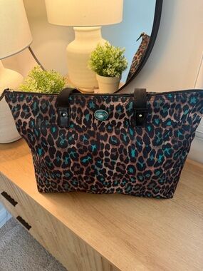 Coach Leopard-Print Tote with Teal Accents